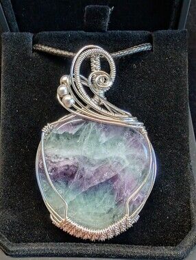 Silver-Plated Fluorite Pendant | Wire Wrapped | Purple Green | Handmade